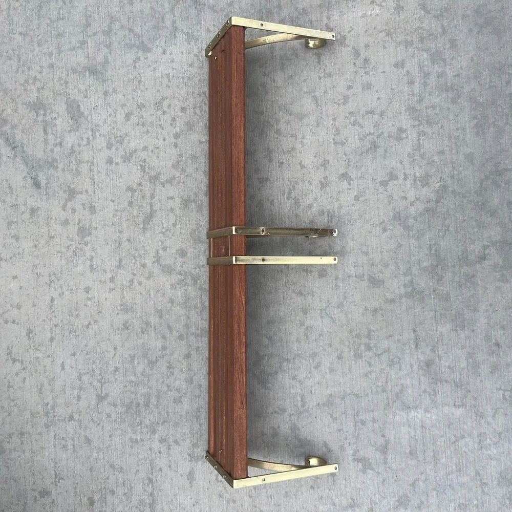 Vintage Mid Century Modern Adjustable Wood and Brass Wall Shelf 24-45 Inch Wide
